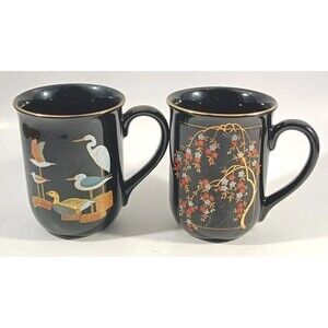 Otagiri Japan Mugs Pair Of 2 Cherry Blossom Birds Black Gold Trim Cups Vintage